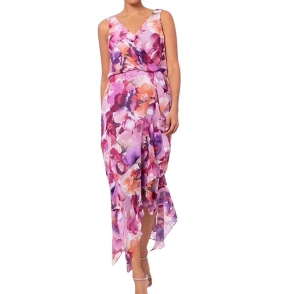 Xscape Asymmetrical Floral Dress in Pink and Purple - Picture 1 of 11